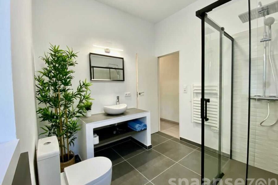 L’appartement Monica dispose d’une salle de bain moderne avec douche à l’italienne et lave-linge.